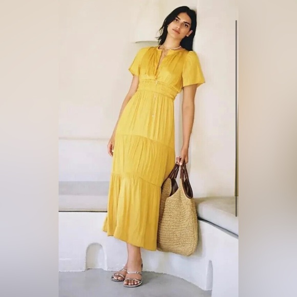 Anthropologie Somerset Satin Maxi Dress Silky Flowy Mango Tiered - Picture 2 of 6